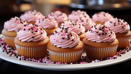 Canvas Print - Freshly baked cupcakes with pink icing and chocolate decoration generated by AI