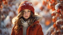 The Image Features A Young Girl In Winter Attire With A Focused Gaze Towards The Camera. The Foreground Sharply Captures Her Wearing A Textured, Orange-red Winter Hat That Is Lightly Dusted With Snow,