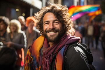 portrait of a girl at a gay pride parade, happy and joyful emotions with friends, LGBT concept