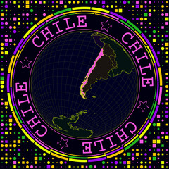 Fototapete - Futuristic Chile on globe. Bright neon satellite view of the world centered on Chile. Geographical illustration with the shape of the country and geometric background. Classy vector illustration.
