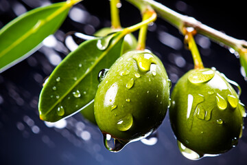 Wall Mural - Branch with olives and drops of water on them.