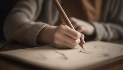 Poster - Caucasian student working on paper, holding pencil, learning creativity generative AI