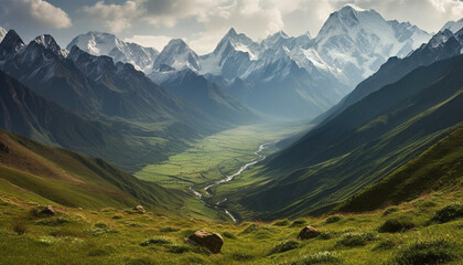 Canvas Print - Majestic mountain range, tranquil meadow, panoramic beauty in nature generative AI