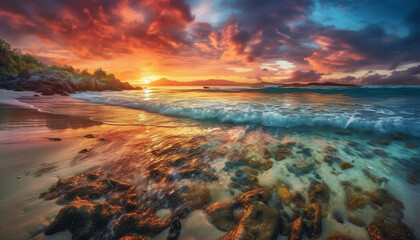 Wall Mural - Vibrant sunset over tranquil waters, a tropical paradise awaits generative AI