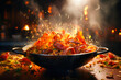 A frying pan with Chinese noodles, meat and vegetables, sparks of fire and ingredients flying around.