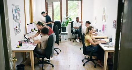 Poster - Office, employee and timelapse as teamwork collaboration or project deadline, planning or digital marketing. Man, woman and technology or problem solving in professional research, creative at startup