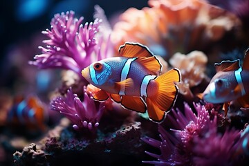 A tropical fish with bright blue and red colors swims among the coral reef in an aquarium. Concept: marine life breeding and care.