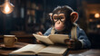 A curious primate, engrossed in a picture book, is a reminder that intelligence is not limited to humans. ai generated.