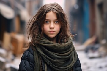 Wall Mural - Portrait of a cute little girl with long hair in the city