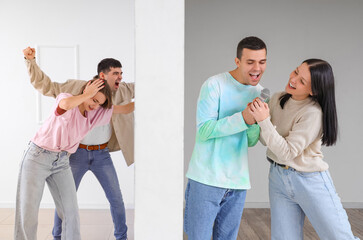 Sticker - Young couple suffering from loud neighbours singing at home