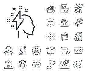 Poster - Human head with lightning bolt sign. Salaryman, gender equality and alert bell outline icons. Creative brainstorming line icon. Inspiration symbol. Brainstorming line sign. Vector