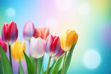 Fototapeta Tulipany - spring flowers banner - bunch of pink tulip flowers on blue sky background