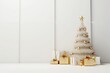© Bargais - Minimalist Christmas background with Christmas tree and gift boxes.