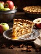 Homemade apple pie tart on brown wooden background, apple pie with apples and cinnamon, apple pie with cinnamon and nuts, apple pie with nuts, apple pie with nuts and raisins, apple pie on a plate