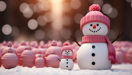 Wall Mural - Winter celebration snowman smiles, fun outdoors, cute snowflake decorations generated by AI