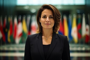 Wall Mural - Portrait of a beautiful business woman in front of the flags of the European Union