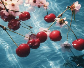 Canvas Print - A bunch of cherries floating in a pool of water. Generative AI.