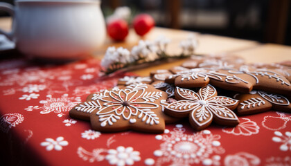 Sticker - Homemade gingerbread cookies decorate the festive winter dessert table generated by AI