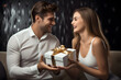 Young happy couple giving gift box to each other on Valentines day or on Christmas, generated ai