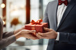 close-up of red gift box in hands for valentine's day or christmas, generated ai