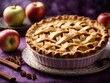 Homemade delicious fresh baked rustic apple pie on purple background, apple pie with cinnamon, apple pie on a wooden table, apple pie on a wooden board, homemade apple pie, apple pie on a plate