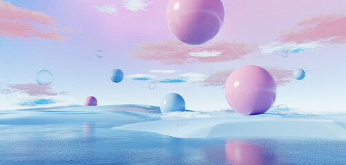 Wall Mural - 3d render, abstract surreal pastel landscape background with arches and podium for showing product, 