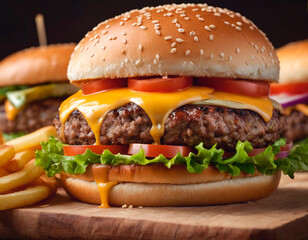 Wall Mural - Appetizing hamburger with vegetables and meat and on black background