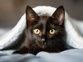 Sticker - Black cat under blanket on the bed, cold winter holiday season concept. Adorable and cute face closeup.