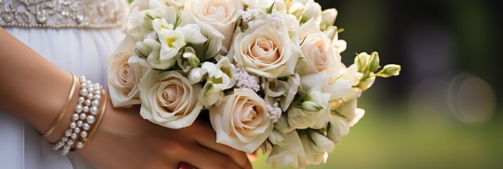 Sticker - Beautiful fresh bouquet of flowers in the hands of the bride close-up, banner