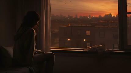 Wall Mural - a woman sitting in front of a window at night overlooking a city