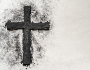 Christian cross drawing in ash as symbol of religion. Sacrifice, Jesus Christ, Ash Wednesday concept