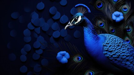 Poster - A blue peacock with feathers and flowers on a dark background, AI