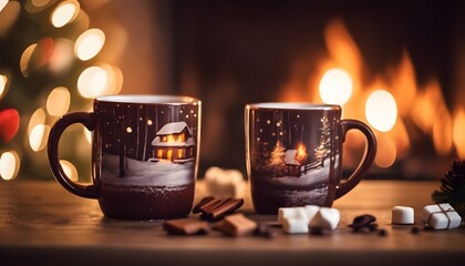 mug of hot chocolate or coffee by the Christmas fireplace.