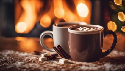 mug of hot chocolate or coffee by the Christmas fireplace.