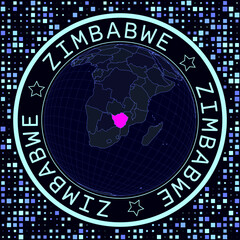 Fototapete - Zimbabwe on globe vector. Futuristic satellite view of the world centered on Zimbabwe. Geographical illustration with shape of country and squares background. Bright neon colors on dark background.