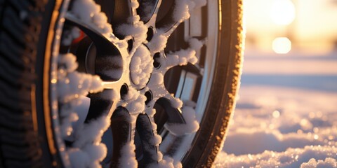 Poster - A close-up view of a tire covered in snow. This image can be used to depict winter driving conditions or to illustrate the need for winter tires