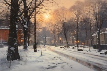 Poster - A painting of a snowy street in a city. Perfect for winter-themed designs and holiday promotions