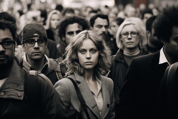 Aufkleber - A gathering of individuals standing closely together in a large crowd. Suitable for illustrating unity, community, events, or social gatherings