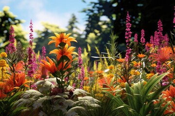 Poster - A scenic view of a field filled with vibrant flowers, with majestic trees in the background. Perfect for nature lovers and outdoor enthusiasts