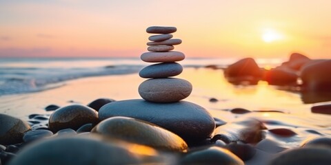 Wall Mural - A stack of rocks sitting on top of a beach. This image can be used to represent balance, nature, and tranquility