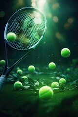 Poster - A tennis racket surrounded by tennis balls. Suitable for sports-related designs and articles