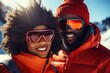 A picture of a man and a woman dressed in ski gear, posing for a photograph. This image can be used to depict outdoor winter activities or as a representation of a couple enjoying winter sports