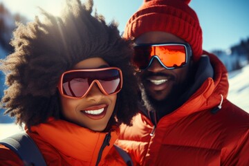 Sticker - A picture of a man and a woman dressed in ski gear, posing for a photograph. This image can be used to depict outdoor winter activities or as a representation of a couple enjoying winter sports