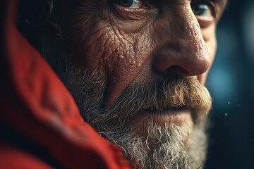 Aufkleber - A picture of a man with a beard wearing a red jacket. This image can be used for various purposes