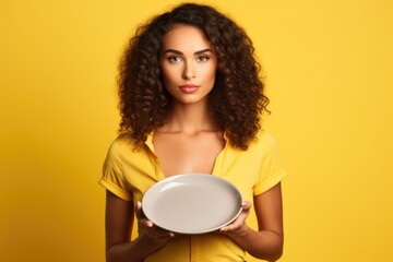 Aufkleber - A woman in a yellow shirt holding a white plate. Perfect for food photography or restaurant promotions