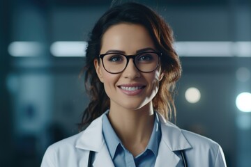 Wall Mural - A professional woman wearing a lab coat and glasses. This image can be used to represent scientific research, experimentation, or working in a laboratory setting