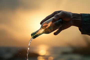 Poster - A person pouring water from a bottle into the ocean. Suitable for environmental and conservation themes
