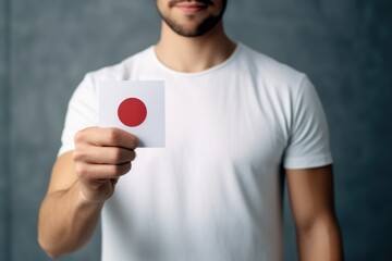 Poster - A man in a white t-shirt holding a card with a red circle on it. Suitable for various purposes