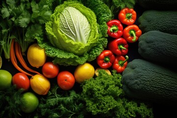 Poster - A collection of various fruits and vegetables arranged neatly on a table. Ideal for illustrating healthy eating, grocery shopping, or meal preparation