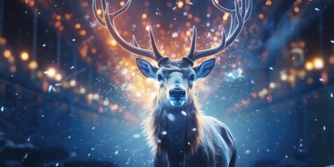 Aufkleber - A beautiful deer stands in the snow at night. Perfect for nature and wildlife-themed projects